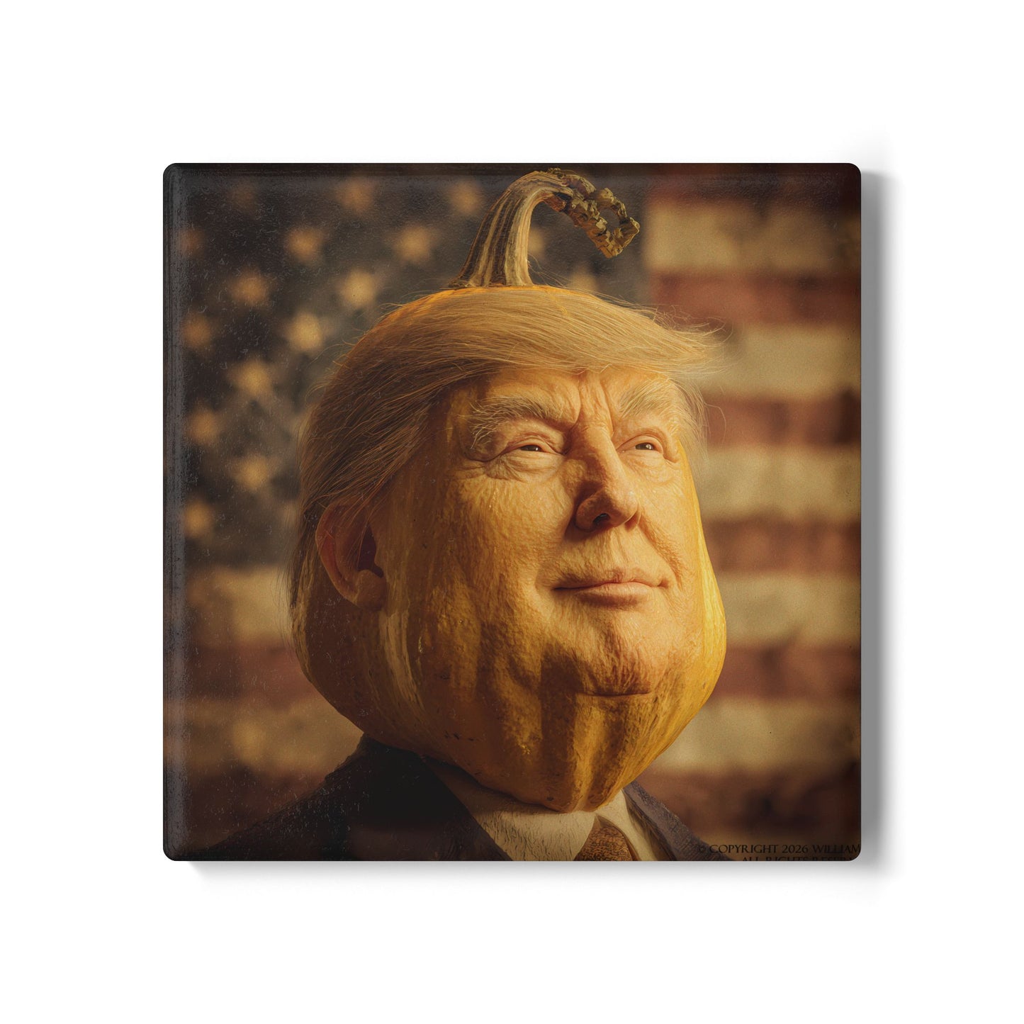 Pumpkin with a carved face resembling a well-known public figure, set against an American flag background.